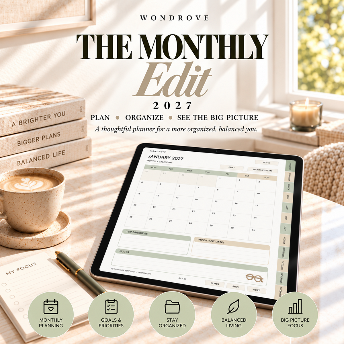 Monthly Digital Planner 2027 - Interactive Calendar & Goals - PureBubs